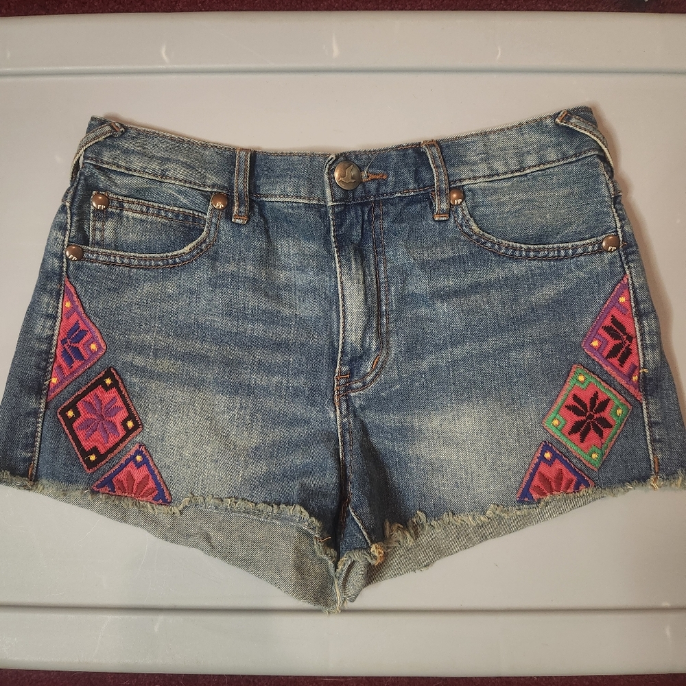 Free People Blue Denim Jean Shorts with Pink & Green Embroidery